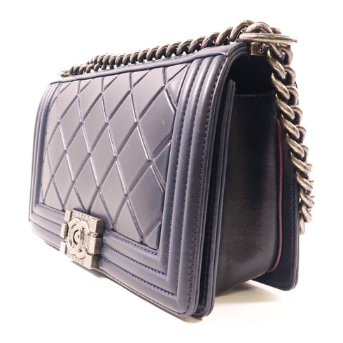 CHANEL CC SHW Paris Salzburg Boy 25 Chain Shoulder Bag Lambskin Leather Navy