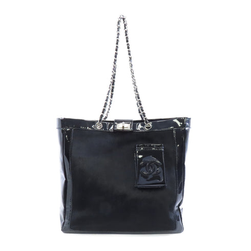 CHANEL CC Chain Shoulder Bag Horsehair Patent Leather Black