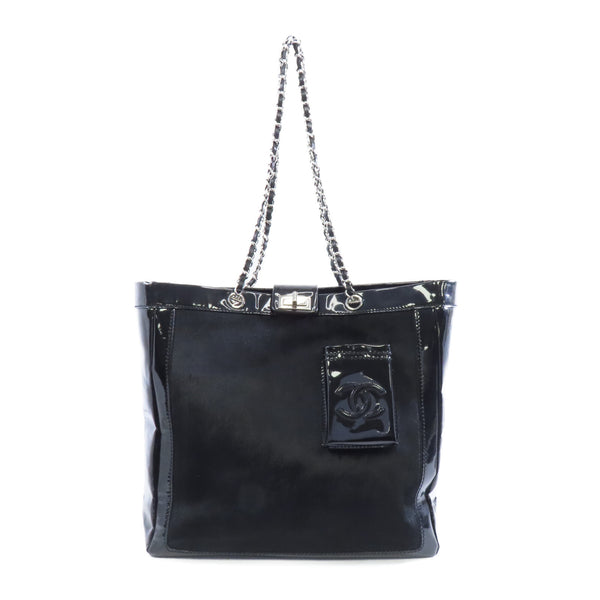 CHANEL CC Chain Shoulder Bag Horsehair Patent Leather Black