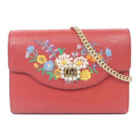 GUCCI GG GHW Embroidered Mini Chain Shoulder Bag 499314 Calfskin Leather Red