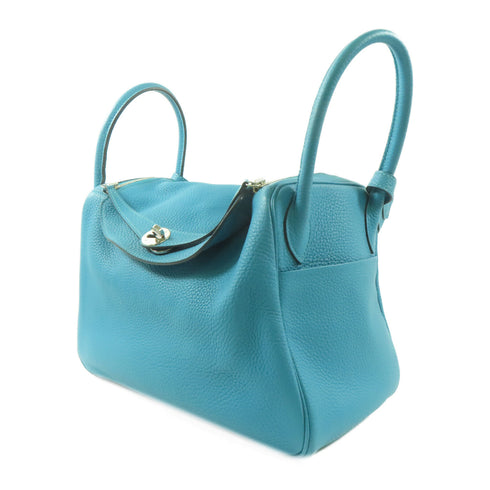 HERMES PHW Lindy 30 2 Way Shoulder Handbag Clemence Leather Turquoise Green