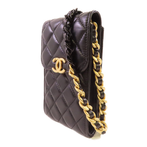 CHANEL Quilted CC GHW Phone Bag Chain Shoulder Bag Lambskin Leather Black