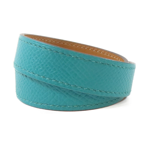 HERMES Drag Double Bracelet Bangle 07212CK Epsom Leather Bleu Paon/Green