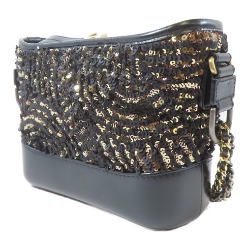 CHANEL CC GHW/SHW Gabrielle Shoulder Bag A91810 Sequin Calfskin Black Gold