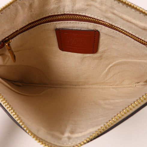 COACH GHW Clutch Bag Pouch Calfskin Leather White/Brown