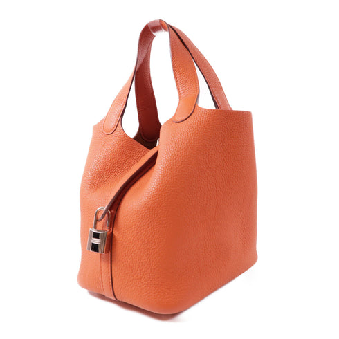 HERMES PHW Picotin PM Handbag Clemence Leather Terre Battue/Orange