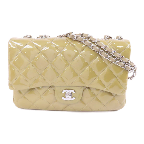 CHANEL Quilted CC SHW Chain Shoulder Bag Patent Leather Beige