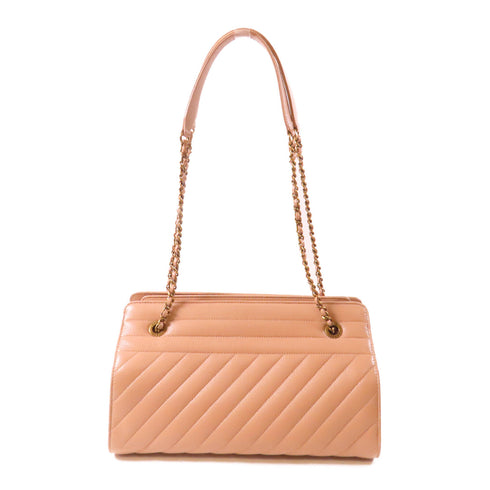 CHANEL Herringbone CC GHW Chain Shoulder Bag Calfskin Leather Beige