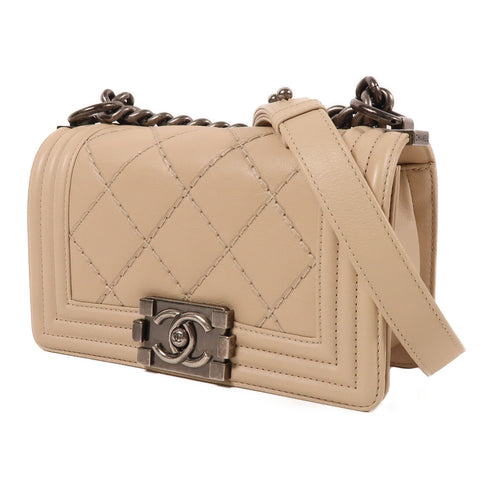 CHANEL CC Boy 20 Chain Shoulder Bag Lambskin Beige