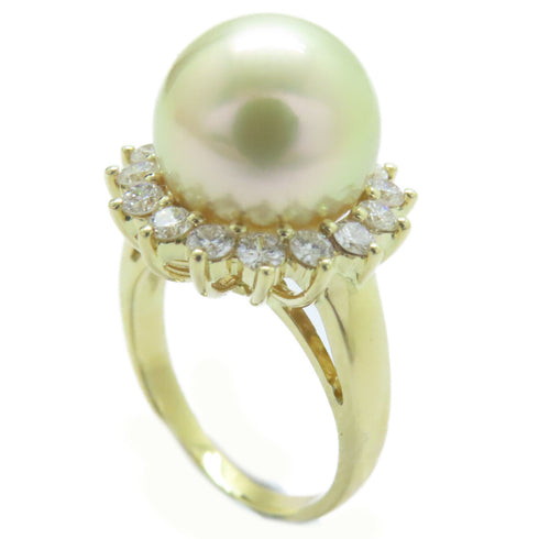 FINE JEWELRY 11.5mm Pearl Diamond Ring 18K Yellow Gold US#6.25