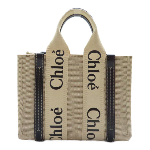 Chloe GHW Mini Woody Tote 2 Way Shoulder Bag Canvas Beige Black