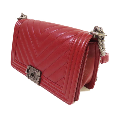 CHANEL Quilted CC SHW Boy Chanel 25 Chain Shoulder Bag Caviar Skin Leather Red