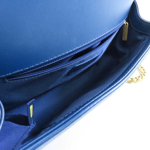 CHANEL Quilted CC GHW Boy 28 Chain Shoulder Bag Lambskin Leather Blue