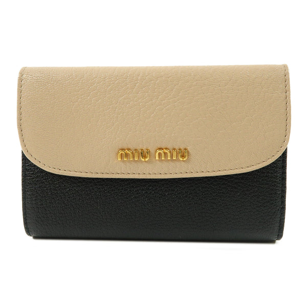 Miu Miu GHW Trifold Wallet 5ML225 Calfskin Leather Black Beige