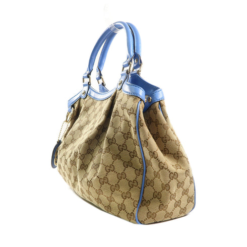GUCCI GG GHW Handbag 211944 Canvas Leather Brown Blue