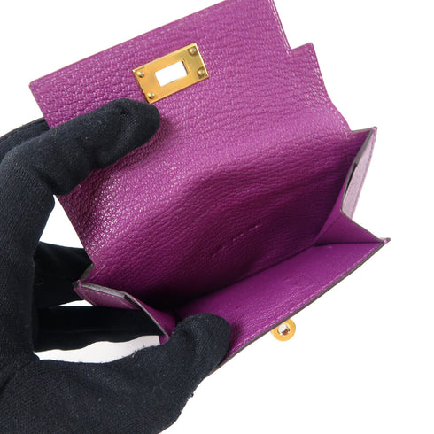 HERMES GHW Kelly Pocket Bifold Wallet Chevre Leather Rose Purple