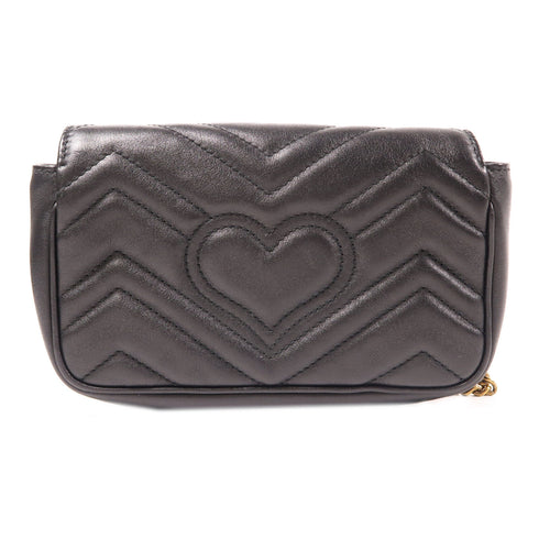 GUCCI GHW GG Marmont Super Mini Chain Shoulder Bag 476433 Chevron Leather Black