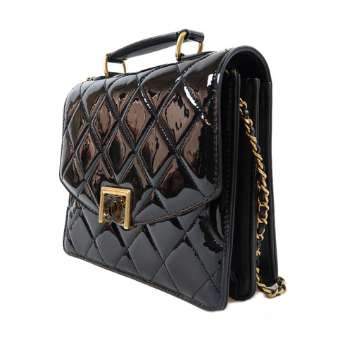 CHANEL Quilted CC GHW Top Handle Flap AS4184 2Way Chain Bag Patent Leather Black