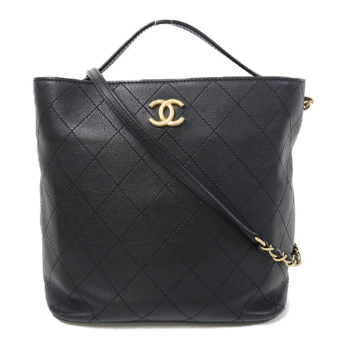 CHANEL Quilted CC GHW Chain Shoulder Bucket Bag Calfskin Leather Black
