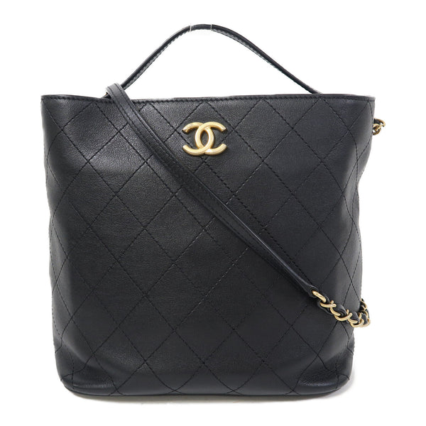 CHANEL Quilted CC GHW Chain Shoulder Bucket Bag Calfskin Leather Black