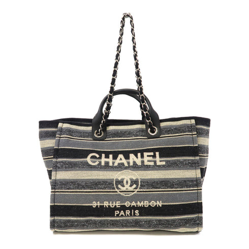 CHANEL CC SHW Deauville Tote Bag 2 Way Chain Shoulder Hand Bag Canvas Blue White