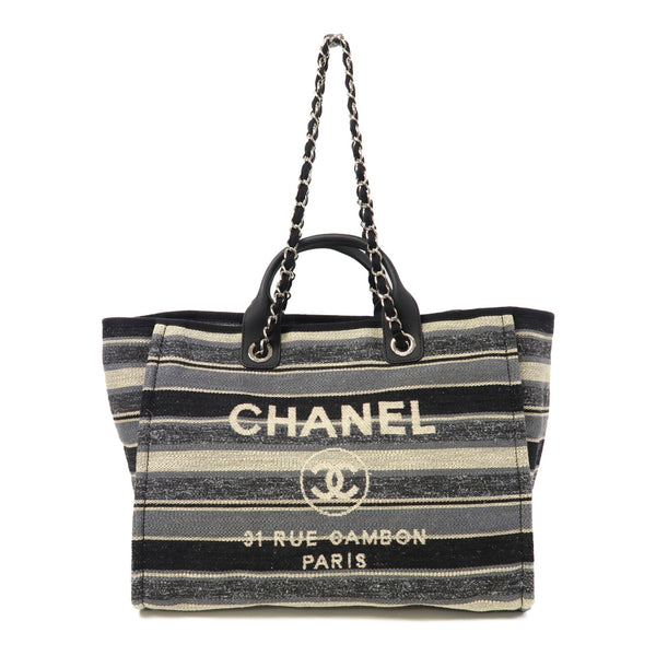 CHANEL CC SHW Deauville Tote Bag 2 Way Chain Shoulder Hand Bag Canvas Blue White