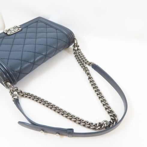 CHANEL Quilted CC Boy Chanel 28 Chain Shoulder Handbag Calfskin Leather Blue