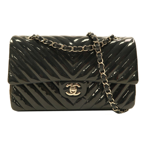 CHANEL CC SHW Classic 25 Chain Shoulder Bag Patent Leather Grey Blue