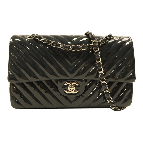 CHANEL CC SHW Classic 25 Chain Shoulder Bag Patent Leather Grey Blue