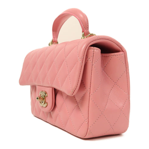 CHANEL CC GHW Mini Flap bag with Top Handle 2 Way Bag Lambskin Leather Pink