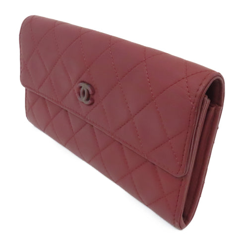 CHANEL Quilted CC SHW Long Wallet Calfskin Leather Red