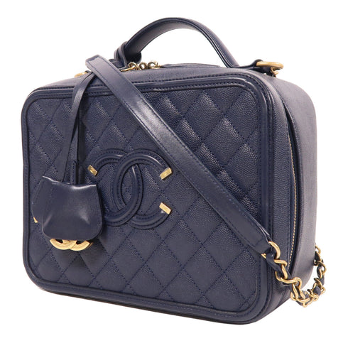 CHANEL CC GHW Vanity Bag 2 Way Shoulder Bag Calfskin Leather Navy