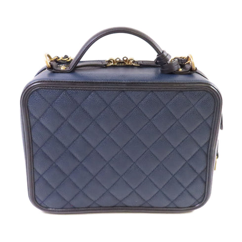 CHANEL Quilted CC GHW Filigree Vanity Case Hand Shoulder Bag Caviar Leather Navy