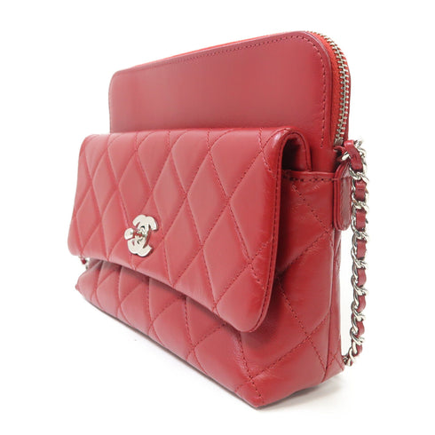 CHANEL Quilted CC SHW Chain Shoulder Bag Lambskin Leather Red v1