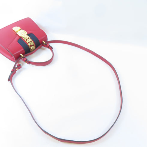 GUCCI GG GHW Sylvie Mini Shoulder Bag 2 Way Shoulder Handbag 470270 Calfskin Red