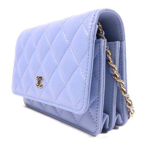 CHANEL CC GHW WOC Wallet On Chain Shoulder Bag Lambskin Leather Light Blue