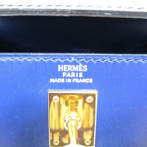 HERMES GHW Mini Kelly 2way Handbag Box Calf Leather Blue Used Y 1995