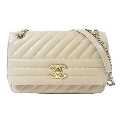 CHANEL Herringbone CC GHW Single Flap Chain Shoulder Bag Calfskin Leather Beige