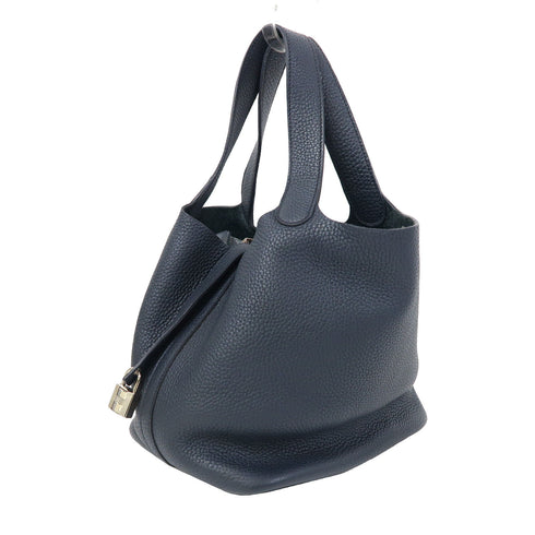 HERMES PHW Picotin MM Handbag Clemence Leather Blue Nuit