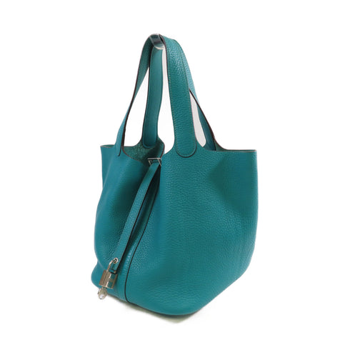 HERMES PHW Picotin MM Tote Bag Handbag Clemence Leather Bleu Paon Greenish Blue