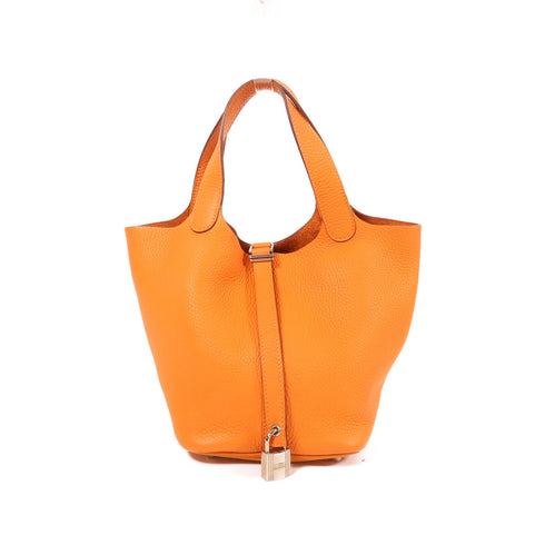 HERMES PHW Picotin PM Hand Bag/Bucket Tote Bag Clemence Leather Orange