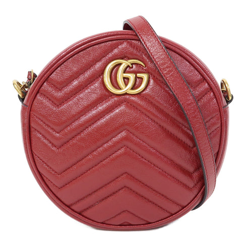 GUCCI GG GHW GG Marmont Round Chain Shoulder Bag 550154 Calfskin Leather Red