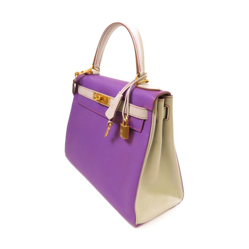 HERMES GHW Kelly 28 Hand Shoulder Bag Clemence Leather 9P Parme 8U Bleu Glacier