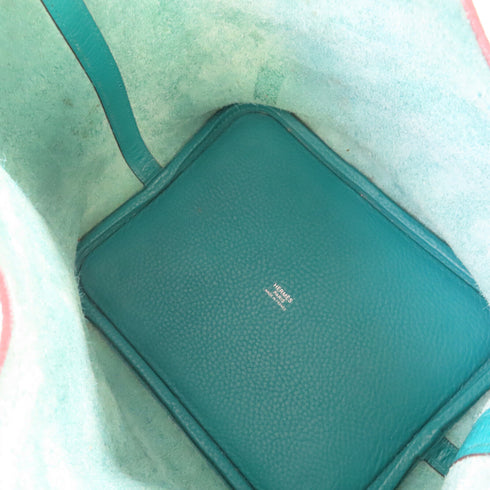 HERMES PHW Picotin MM Tote Bag Handbag Clemence Leather Bleu Paon Greenish Blue