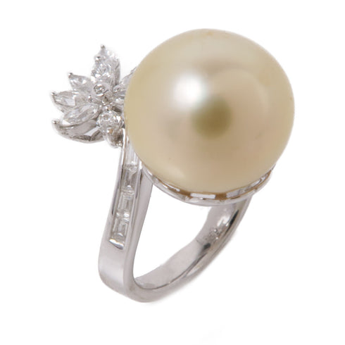 JEWELRY 8.9g Pearl 0.96ct Diamond Ring 18K White Gold US#6