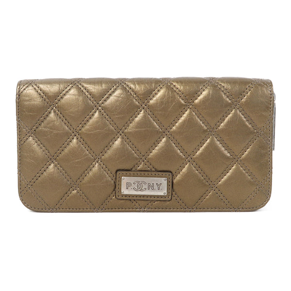 CHANEL Quilted CC SHW Long Wallet Calfskin Leather Gold