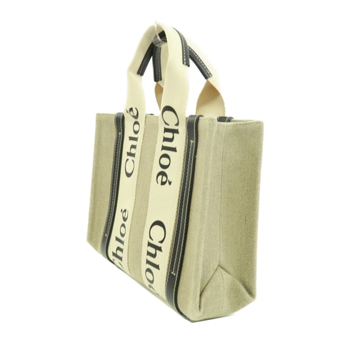 Chloe GHW Mini Woody Tote 2 Way Shoulder Bag Calfskin Leather Canvas Beige Black