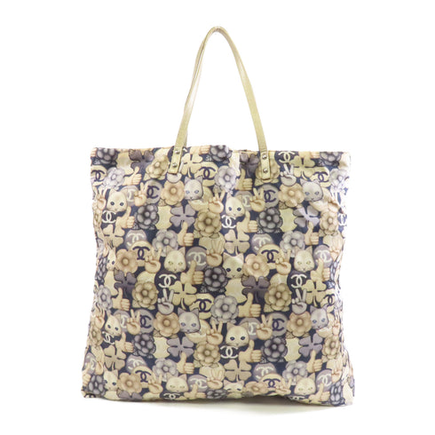 CHANEL Quilted CC GHW Tote Shoulder Bag Nylon Beige Navy