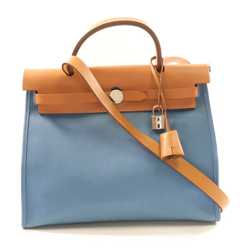 HERMES PHW Herbag PM 2 Way Bag Canvas/Leather J7 Bleu Lin