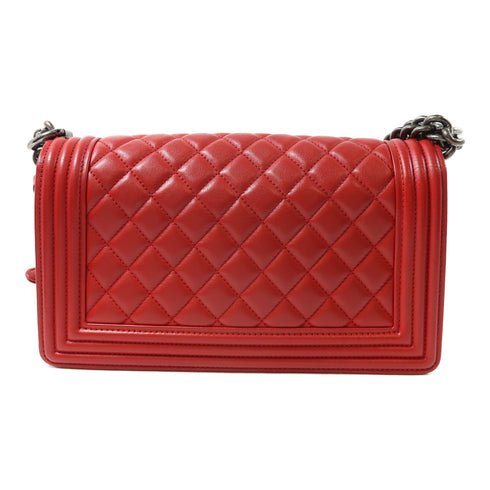 CHANEL Quilted CC Boy 25cm Chain Shoulder Bag Calfskin Leather Red